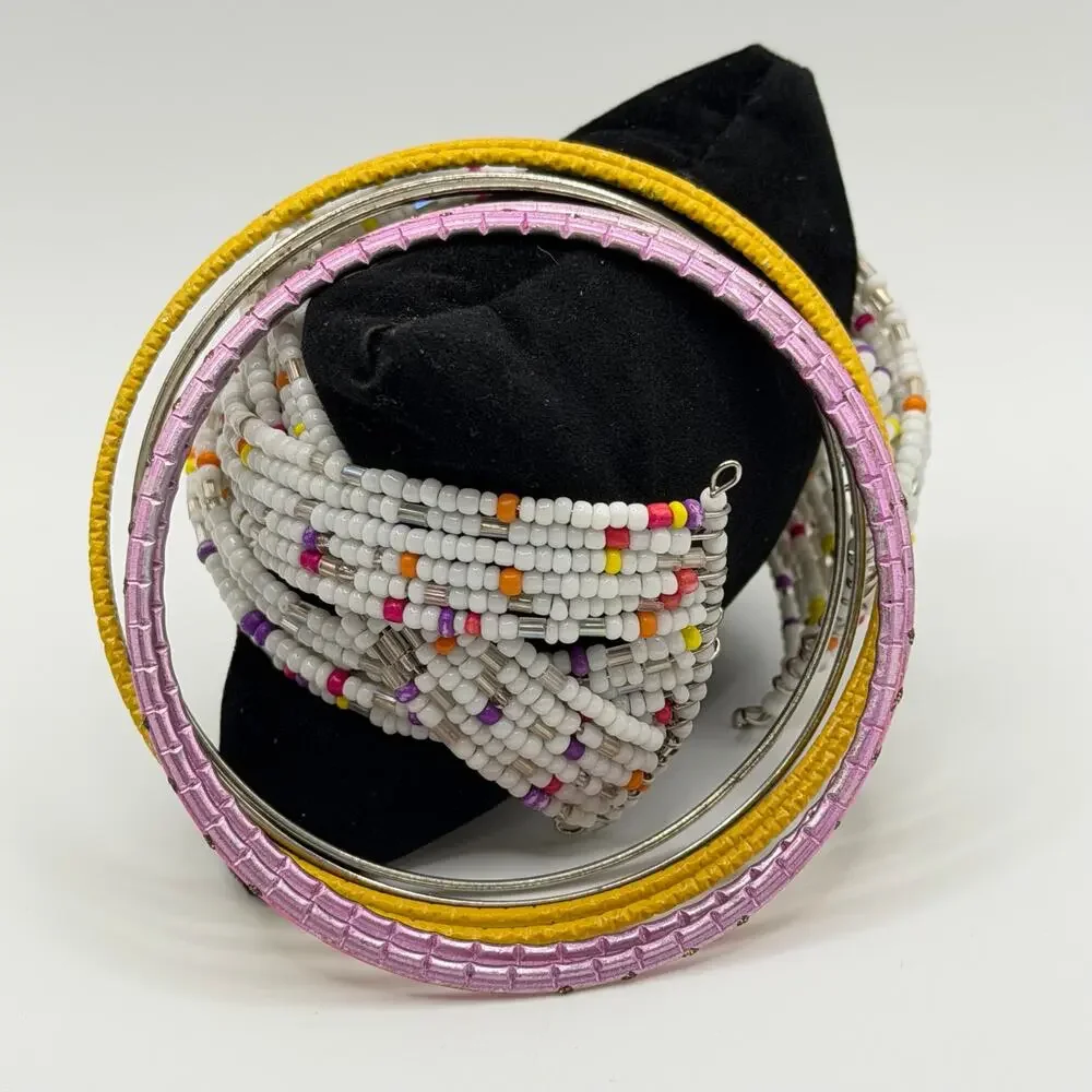 Wide White Seed Bead Cuff + 6 Colorful Stackable Bangles Set - Picture 2 of 5